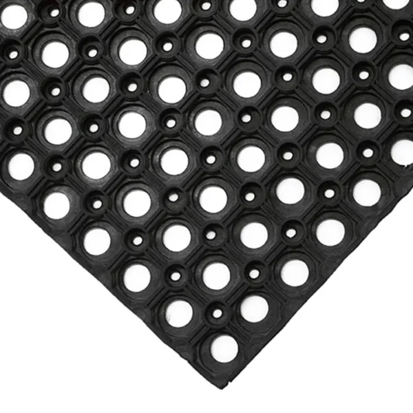 A close-up of the Fine Ribbed Matting Roll in black, featuring a textured rubber surface with parallel fine ribs, viewed from a diagonal angle.
