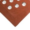 A close-up of a reddish-brown Food Production Mat features a textured diamond pattern, circular holes, and “Grade A Food Production Mat” embossed on its rubber surface.