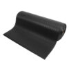 A large roll of Ribbed Anti-Fatigue Matting in black, partially unrolled on a white background.