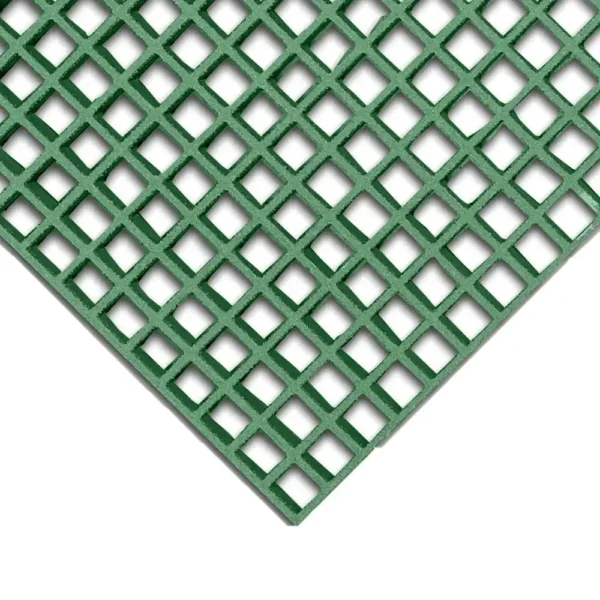 A close-up of the Open Top Grating, a green plastic mat with square openings and a criss-cross pattern, shown diagonally on a white background.