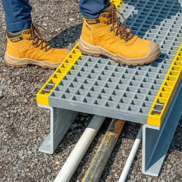 A person in tan work boots stands on the Step Over Platform, which features a metal non-slip grid surface and yellow safety edges, placed over utility pipes on gravel.
