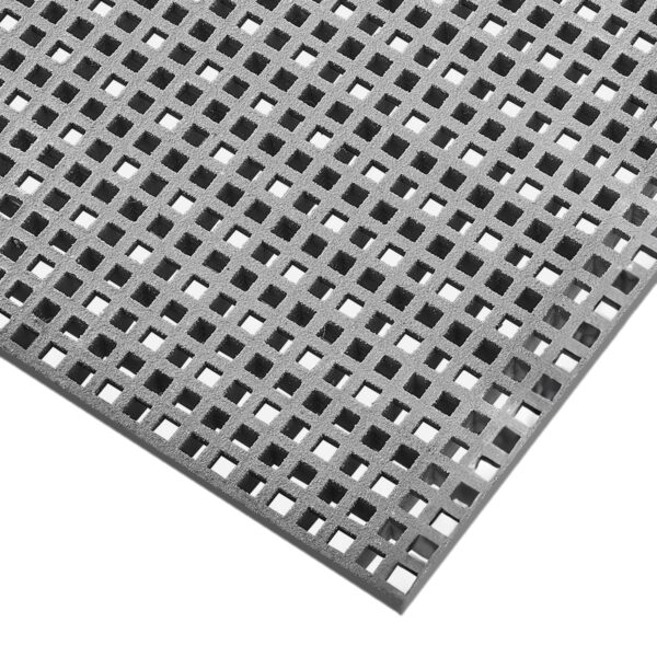Close-up of Mini Mesh Grating, featuring a grid pattern of evenly spaced square holes in perforated metal, displayed at an angle on a white background.