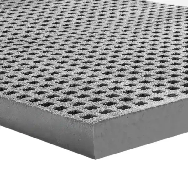 Close-up of Mini Mesh Grating, a rectangular grey metal sheet with a grid of evenly spaced square holes, highlighting its perforated surface, textured pattern, and thickness.