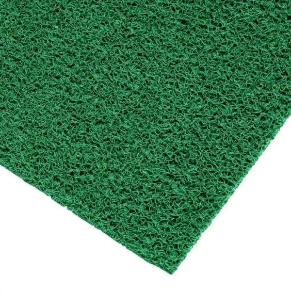 Close-up of the Heavy-Duty PVC Vinyl Roll, featuring a green, textured, curly looped surface pattern on a white background. The mat is made from durable synthetic material.