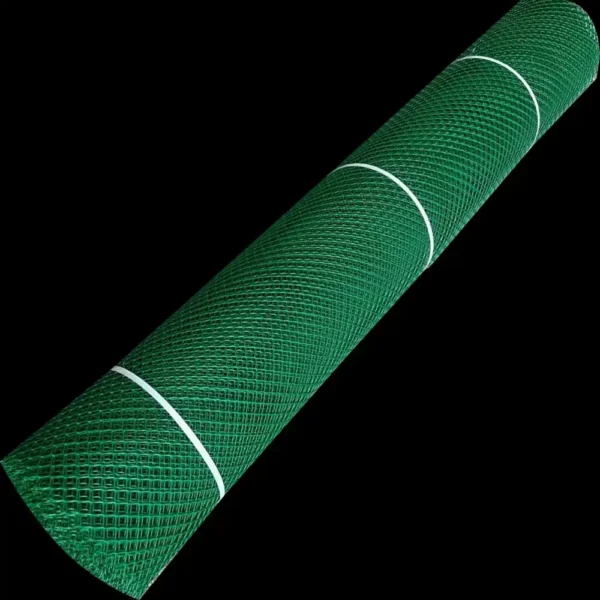 A roll of Grass Mat Underlay Mesh in green, secured with white plastic bands, displayed against a black background.
