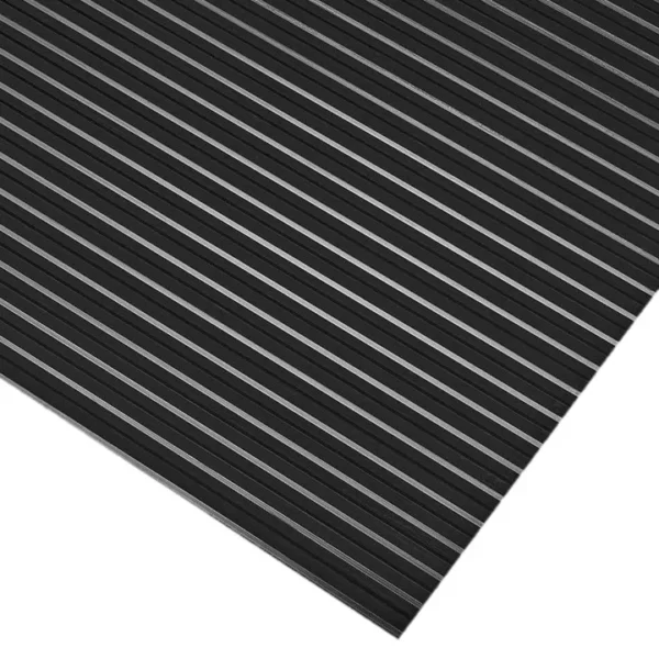 The Fine Ribbed Matting Roll features a black surface with evenly spaced diagonal raised grooves forming a striped pattern.