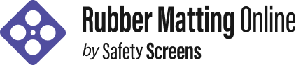 Logo for Rubber Matting Online by Safety Screens featuring a purple diamond with four white circles next to the business name in black and grey text on a light background.